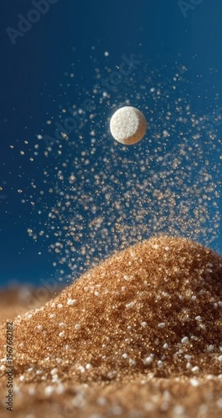 Obraz A pill levitates above a mound of brown sugar, with a spray of particles