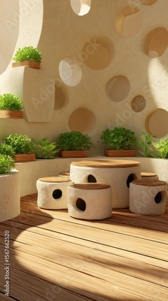 Obraz A light-filled, airy interior space featuring a circular, cream-colored wall with many round holes.  Wooden furniture and potted herbs are arranged around a central table