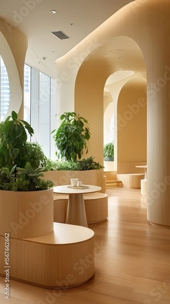 Obraz Light-filled, modern interior with curved wooden seating and arched walls.  Plants are displayed in large planters.  Natural light streams in through large windows
