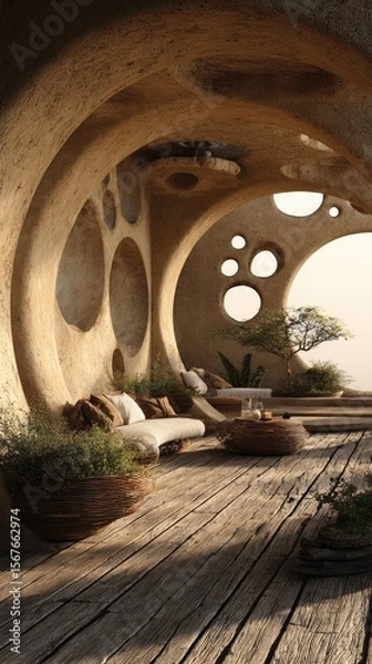 Obraz Beige, curved walls enclose a sun-drenched outdoor lounge area with wooden floor and circular openings