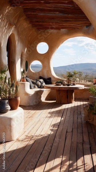 Obraz Sun-drenched, earth-toned patio with arches and views