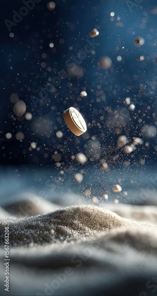 Obraz Light beige pill in mid-air, surrounded by flour dust, dark blue background