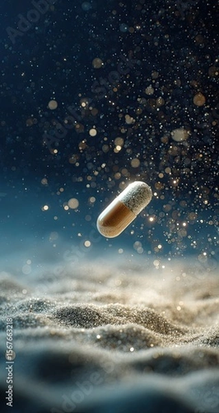 Obraz Floating pill, shimmering particles, dark background