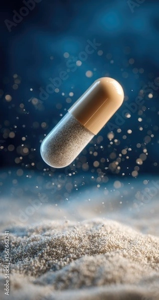 Obraz A light beige and gold capsule floats in the air above a bed of light beige powder