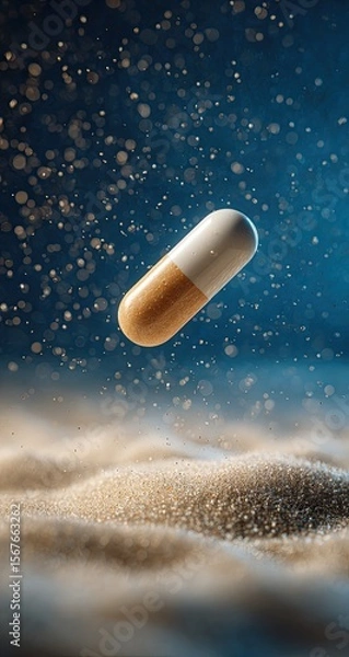 Obraz A tan and white capsule floats amidst a cloud of light beige sand or powder, against a dark blue background dotted with shimmering particles