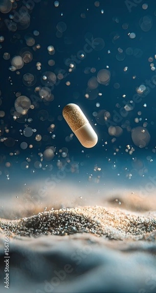 Obraz A light beige capsule floats in mid-air above a bed of textured, light-colored grains, surrounded by a soft blue background speckled with small, sparkling particles