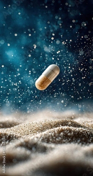 Obraz A light beige and white capsule floats amidst a dark, misty backdrop of sand and water droplets