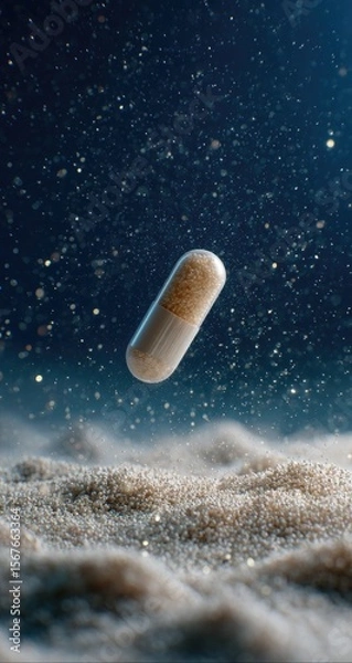 Obraz A light beige capsule floats in mid-air, amidst a scattering of glittering particles over a bed of light beige granular material.  Deep indigo-blue background