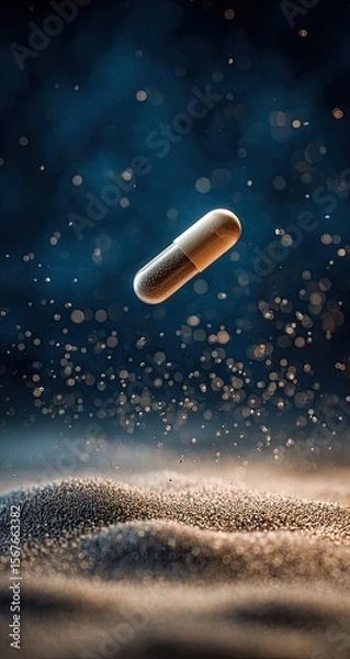 Obraz Golden capsule floats above a sandy surface, surrounded by a misty, dark backdrop
