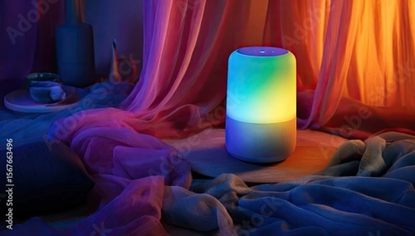 Obraz A vibrant, colorful smart speaker sits on a wooden surface, surrounded by flowing fabrics in a warm, dimly lit room