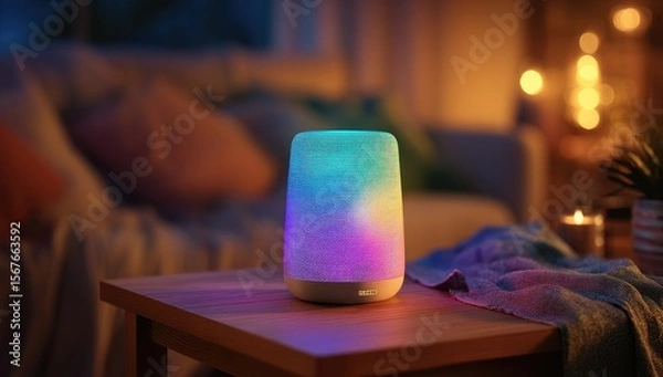 Obraz Colorful lamp on a wooden table in a cozy living room at night