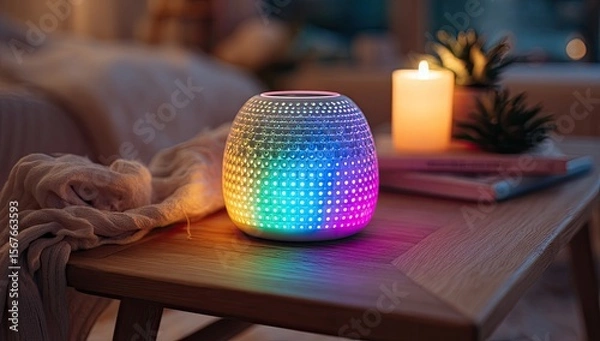 Obraz A white, orb-shaped diffuser with colorful LED lights sits on a wooden nightstand, next to a candle and houseplant. Soft lighting and cozy atmosphere