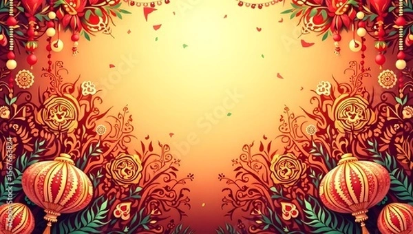 Fototapeta Festive Decorative Floral Background with Hanging Lanterns and Colorful Ornaments Design
