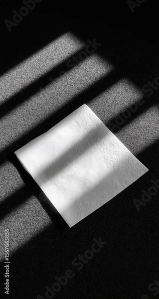 Obraz A blank sheet of paper sits on a dark surface, illuminated by angled sunlight, casting strong shadows