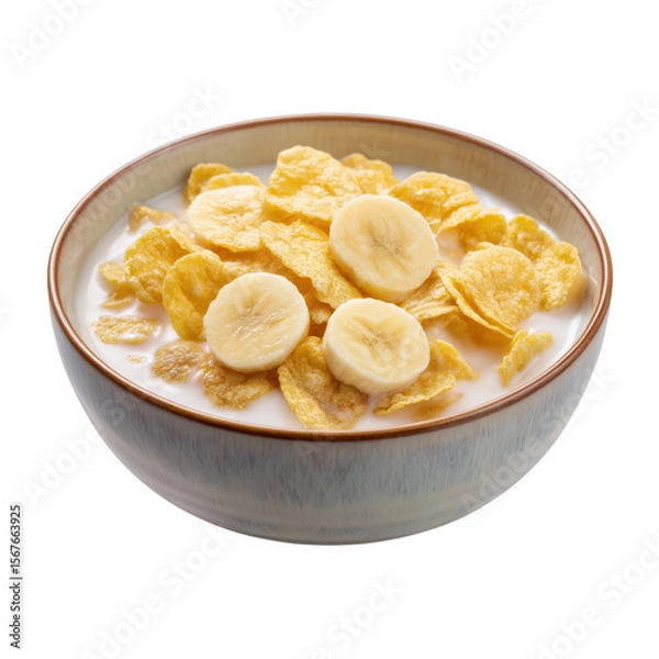 Fototapeta A fresh bowl of cereal with slices of banana, perfect for a healthy breakfast or snack option, Isolated on transparent Background