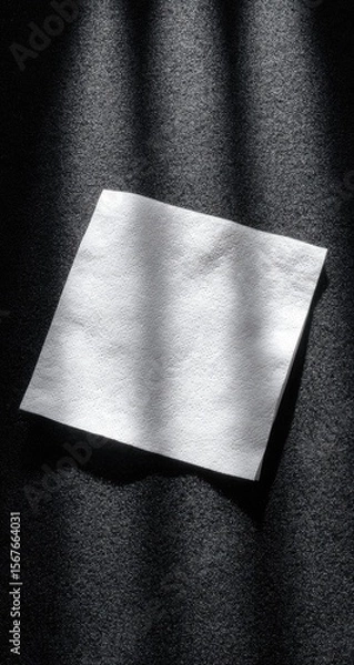 Obraz Blank white square paper napkin on dark textured surface, angled, lit by shadows