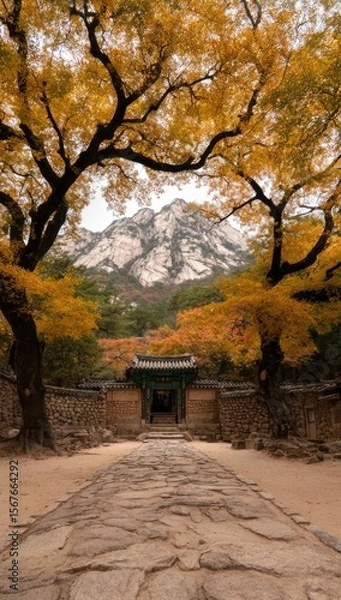 Obraz Autumn path through a temple garden, with mountains in the background.  Golden leaves frame a stone pathway leading to a traditional Asian temple gate