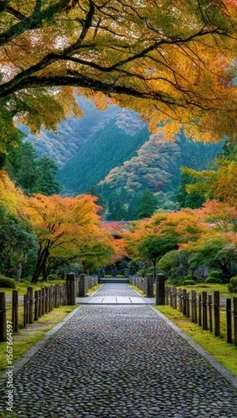 Obraz Autumnal path through a Japanese garden, framed by vibrant foliage and mountains