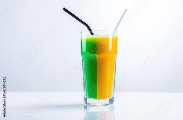 Fototapeta a glass of green and yellow juice on a white background, two different drinks in one glass, a straw in a glass, cucumber and orange juice