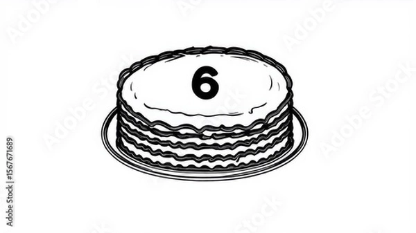 Fototapeta Birthday cake, burning candle, Happy First Birthday badge. Cake with a candle in the form of a number 6