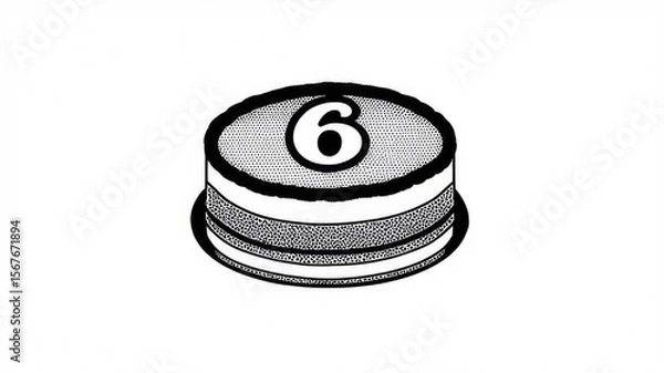 Fototapeta Birthday cake, burning candle, Happy First Birthday badge. Cake with a candle in the form of a number 6