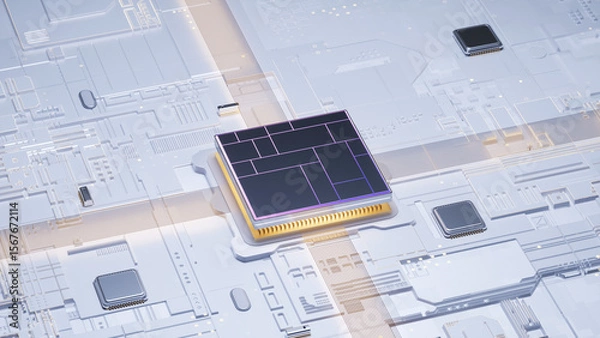 Obraz 3D rendering of advanced semiconductor chip integrated on complex circuit board for electronics industry marketing visuals
