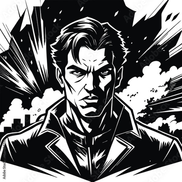 Fototapeta Intense man black white illustration dramatic vector