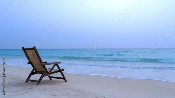 Fototapeta beach chair facing the water of ocean background for summer cool tones