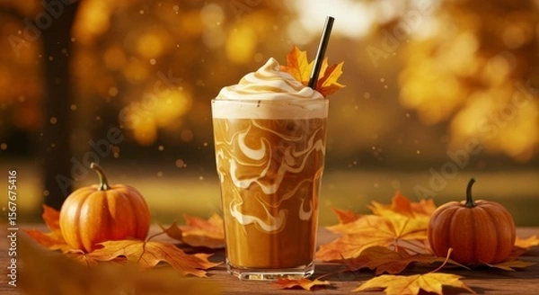 Fototapeta Iced pumpkin spice beverage with whipped cream, garnished with maple leaf, sits on wooden table with autumn leaves and pumpkins