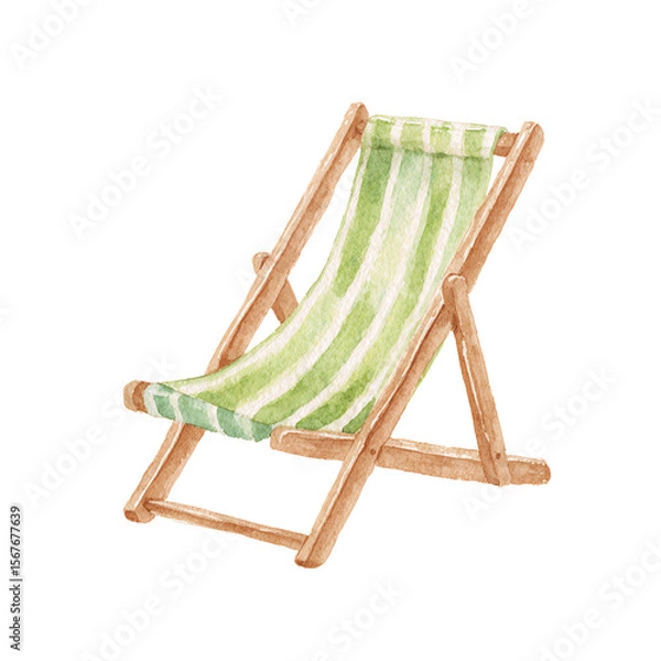 Fototapeta Relaxing Summer Days Watercolor Lounger Chair, Striped Fabric, Wooden Frame, Tranquil Scene.