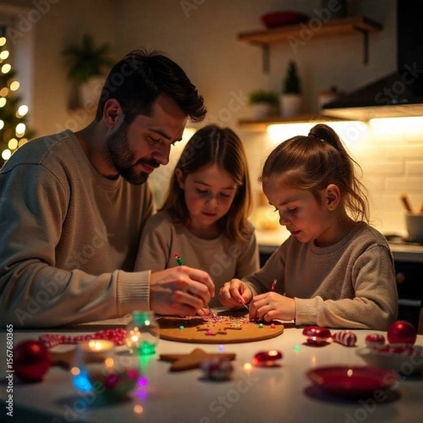 Fototapeta A festive Christmas scene featuring a young family (Caucasian parents and two children) decorating gingerbread cookies at a kitchen counter. The counter is covered with colorful sprinkles, icing tubes