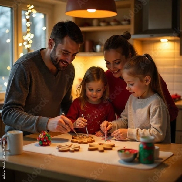 Fototapeta A festive Christmas scene featuring a young family (Caucasian parents and two children) decorating gingerbread cookies at a kitchen counter. The counter is covered with colorful sprinkles, icing tubes