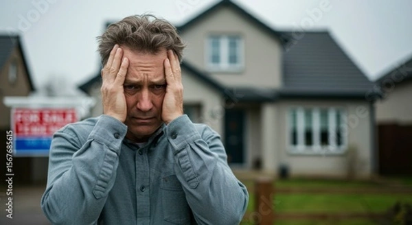 Fototapeta Stressed man stands before his house with a "For Sale" sign, expressing worry and financial burden