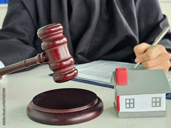Fototapeta Court judge reviewing real estate matter with gavel and house on desk during legal proceedings