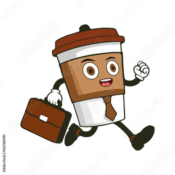 Fototapeta the coffee cup character is wearing a tie and glasses, rushing with a briefcase. go to work. Office-themed Humor