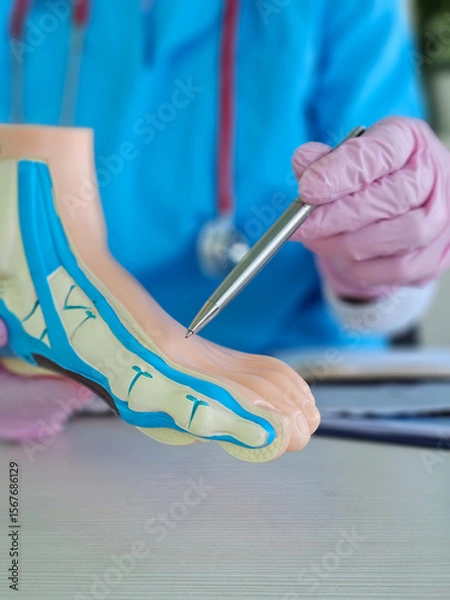 Fototapeta Medical professional demonstrates foot anatomy using model and pen to explain important structures