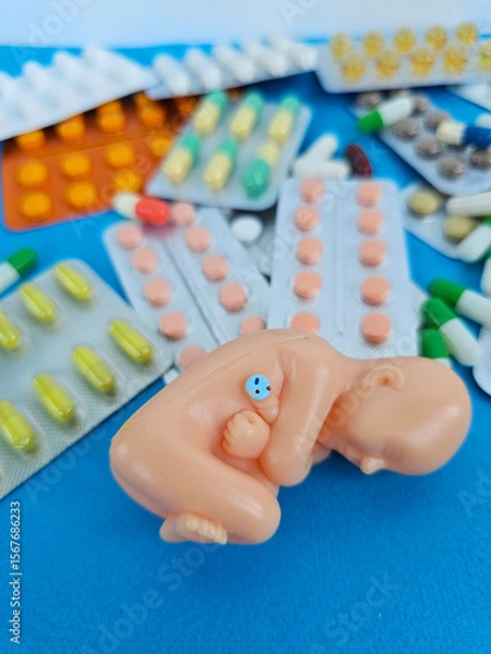 Fototapeta A plastic baby figurine is positioned at the center, cradled in a fetal position concept
