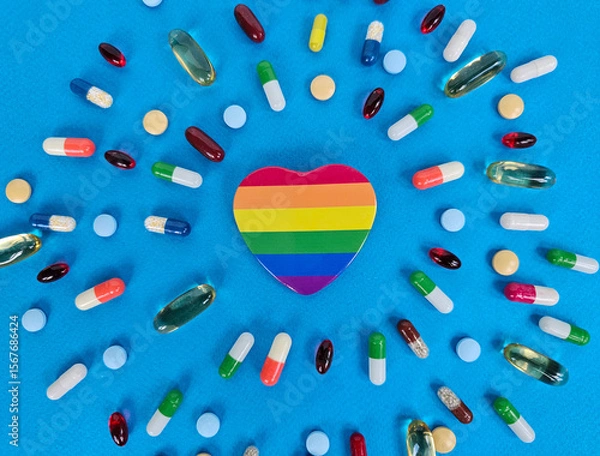 Fototapeta A vibrant heart shape in rainbow colors sits at the center, surrounded by assorted capsules and pills, illustrating the connection between health
