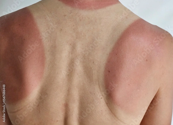 Fototapeta Sunburn on skin with distinct lines showing tan lines from swimwear and sun exposure