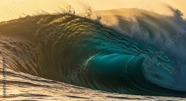 Fototapeta Majestic ocean wave, turquoise depths, golden sunlight illuminates the powerful curl
