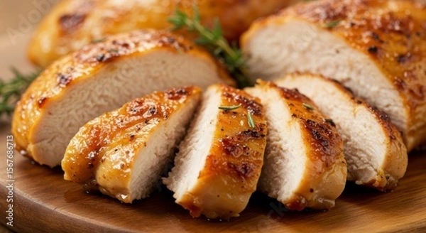 Fototapeta Slices of roasted chicken breast, seasoned and garnished with fresh herbs, presented on a wooden board
