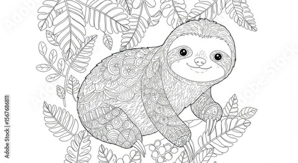 Fototapeta Intricate line art of a sloth nestled amongst lush foliage, perfect for coloring