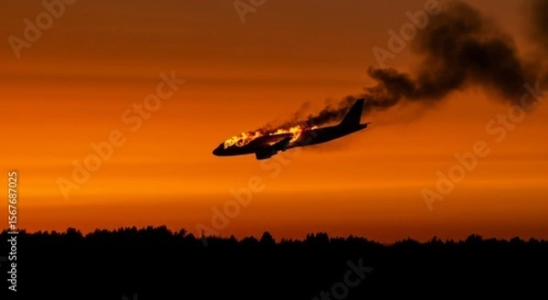 Fototapeta Fiery sunset backdrop to a burning plane plummeting to earth, smoke billowing