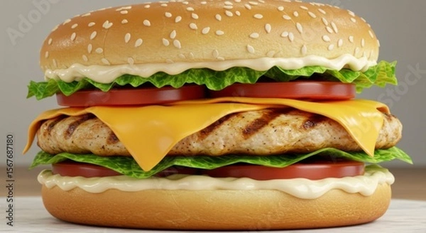 Fototapeta Close-up of a gourmet chicken burger with cheese, lettuce, and tomato