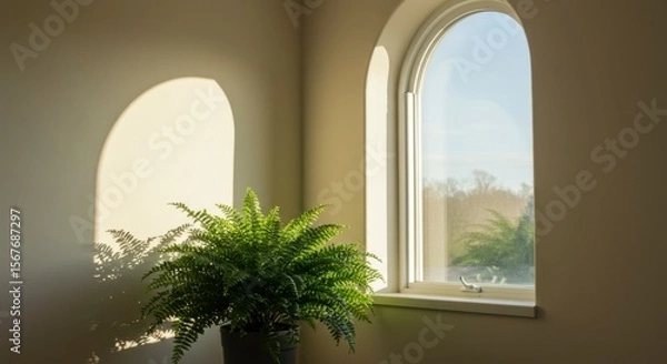 Fototapeta Sunlight streams through arched windows, illuminating a vibrant fern in a pot, casting soft shadows on the wall