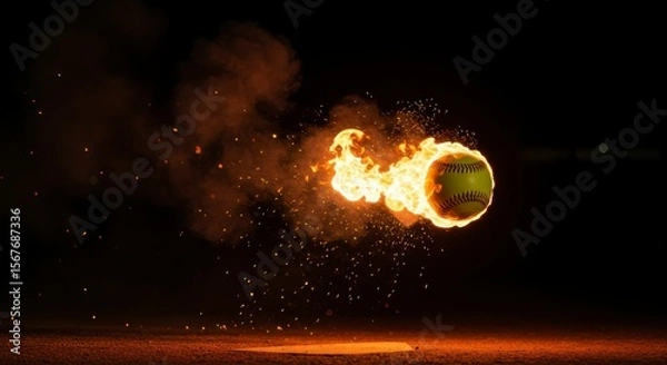 Fototapeta A softball ablaze in mid-air, sparks and smoke billowing around it