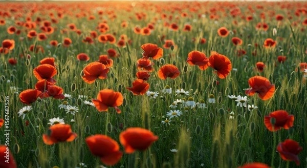 Fototapeta Vibrant red poppies and white daisies bloom in a sunlit field, creating a picturesque summer scene