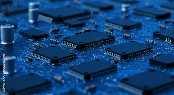 Fototapeta Densely packed microchips and circuitry on a blue printed circuit board