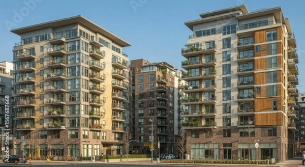Fototapeta Modern apartment buildings with balconies and ground-level retail spaces
