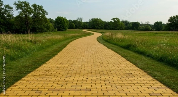 Fototapeta A winding yellow brick road through a verdant field, disappearing into the horizon under a clear sky
